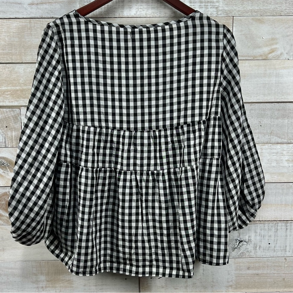 Max Studio Top Womens Small Black White Gingham Babydoll Milkmaid Ruffle NWT New - Picture 4 of 12